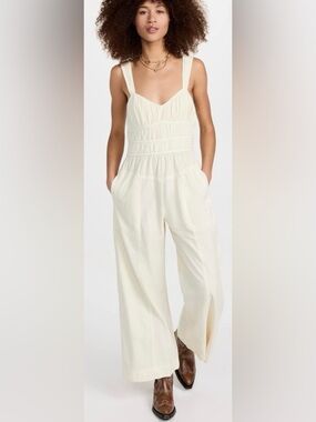 Free People Women's After All Ruched Jumpsuit  Cream Wide-Leg XS